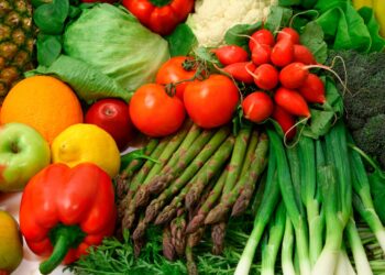 This is a close-up of vegetables and fruits.