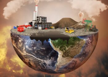 Pollution concept. Plant, machinery, petroleum, emissions, dirty air, landfill. Plant with vulcans and oil spot on the half of planet.  Save the planet.