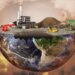 Pollution concept. Plant, machinery, petroleum, emissions, dirty air, landfill. Plant with vulcans and oil spot on the half of planet.  Save the planet.