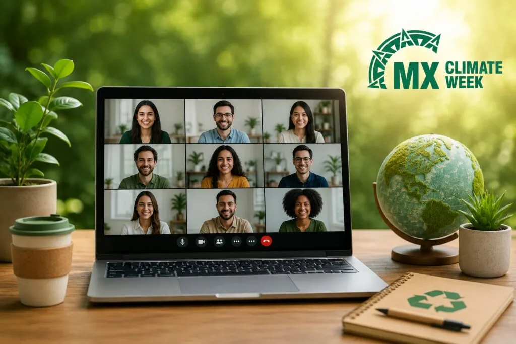 Imagen conceptual de una videollamada colaborativa enfocada en sostenibilidad, con elementos ambientales y tecnológicos que representan las conversaciones digitales promovidas por Climate Week México para conectar personas, proyectos y organizaciones.