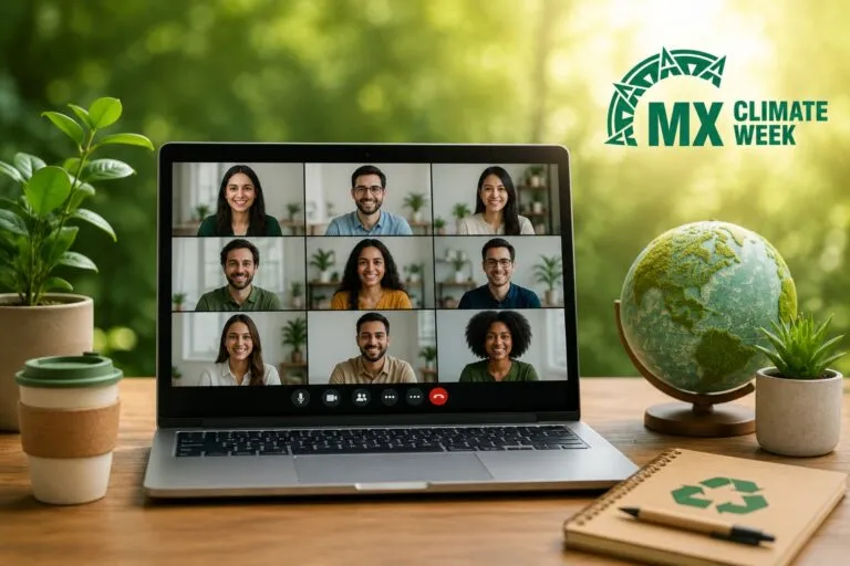 Imagen conceptual de una videollamada colaborativa enfocada en sostenibilidad, con elementos ambientales y tecnológicos que representan las conversaciones digitales promovidas por Climate Week México para conectar personas, proyectos y organizaciones.