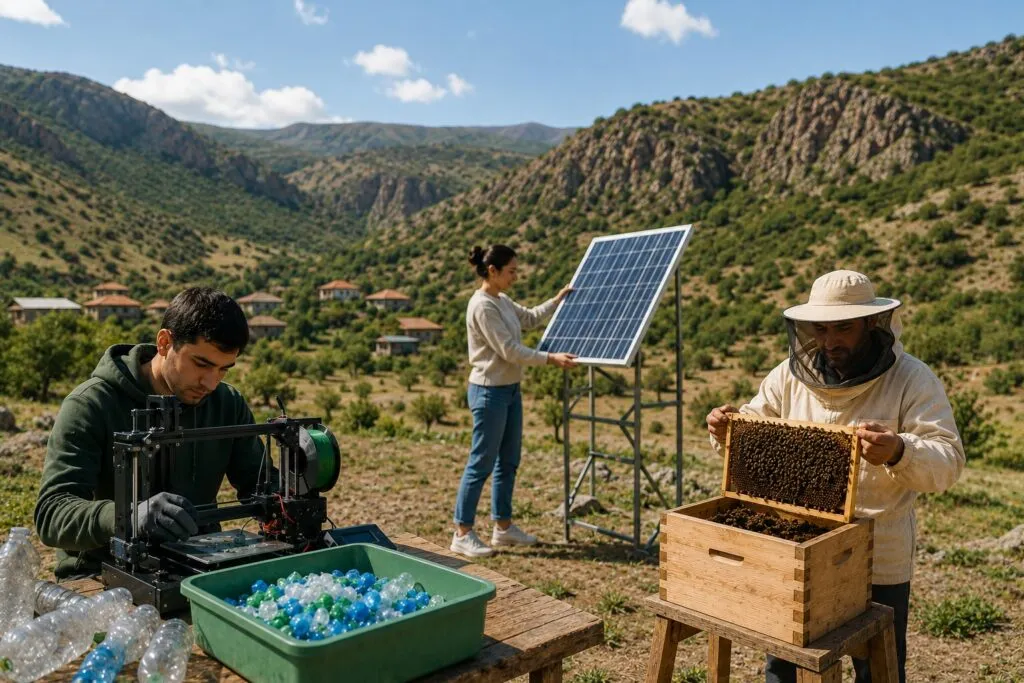 Tres jóvenes desarrollan proyectos de reciclaje, energía solar y apicultura como ejemplos de emprendimiento sostenible en una comunidad rural.