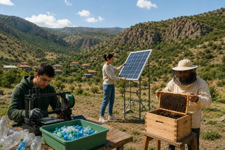 Tres jóvenes desarrollan proyectos de reciclaje, energía solar y apicultura como ejemplos de emprendimiento sostenible en una comunidad rural.