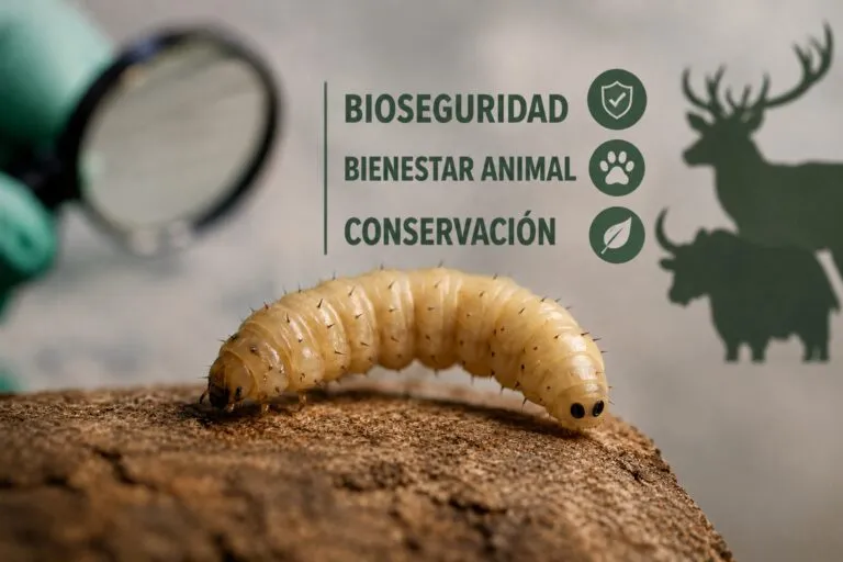 Representación del gusano barrenador utilizada para ilustrar la importancia de la bioseguridad animal en zoológicos y centros de conservación.