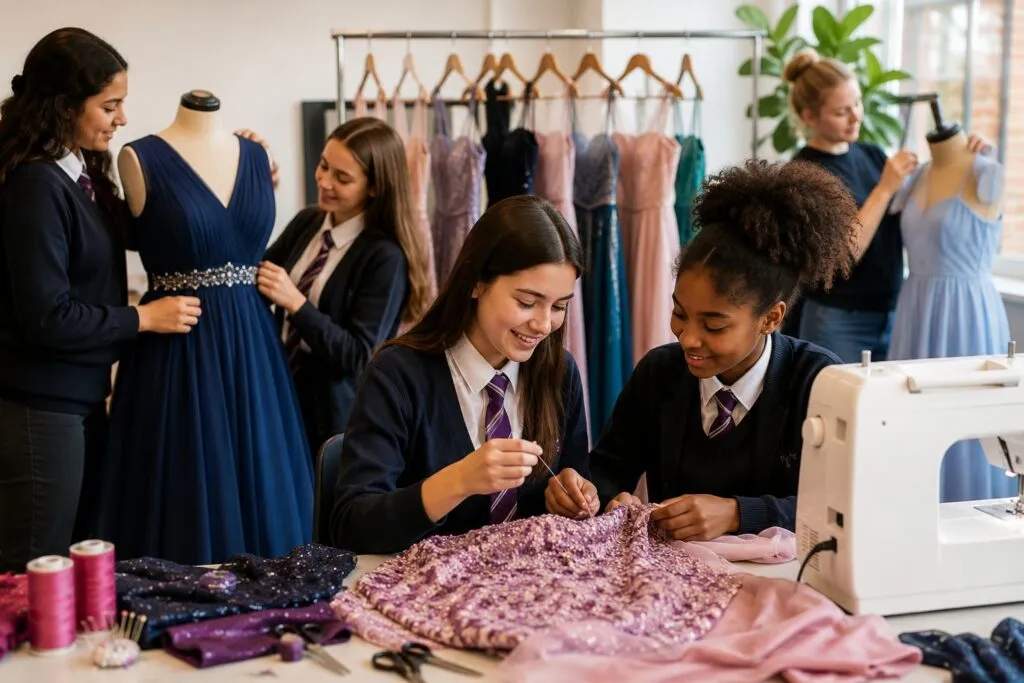 Estudiantes reparan y adaptan vestidos de graduación como parte de un proyecto de economía circular que promueve la reutilización de prendas.