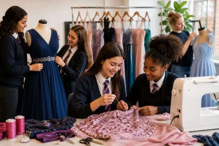 Estudiantes reparan y adaptan vestidos de graduación como parte de un proyecto de economía circular que promueve la reutilización de prendas.