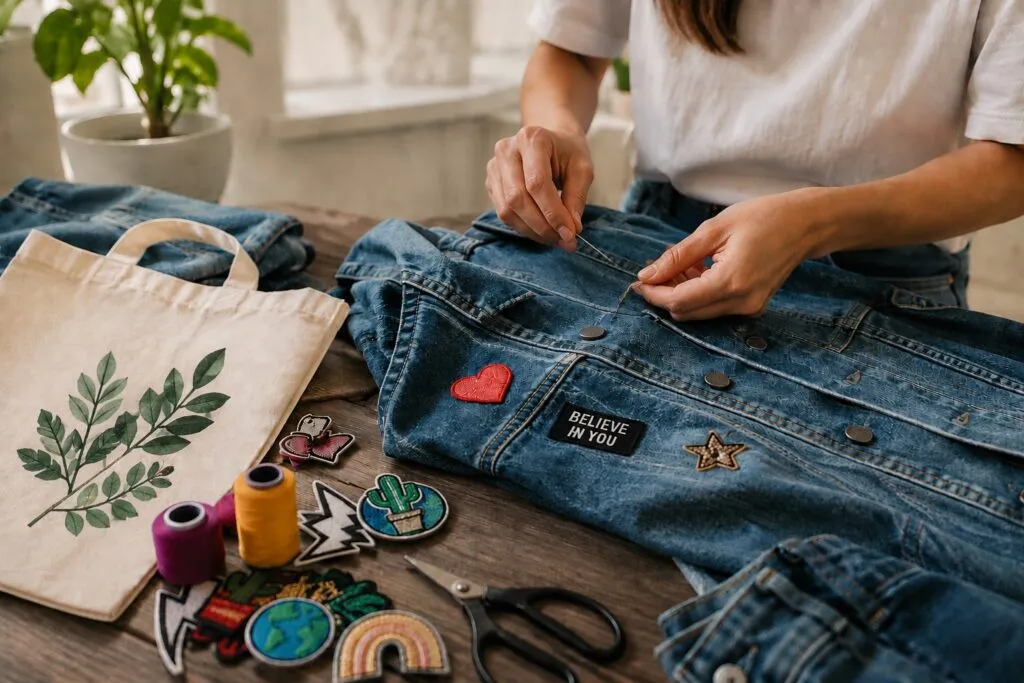 Persona personaliza una chamarra de mezclilla mediante costura y reparación como parte de una práctica de moda circular.