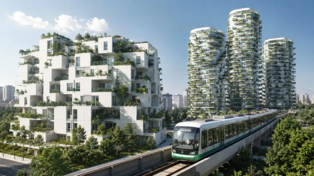 Torres residenciales con jardines, terrazas y diseño de arquitectura sustentable para un desarrollo urbano más eficiente.