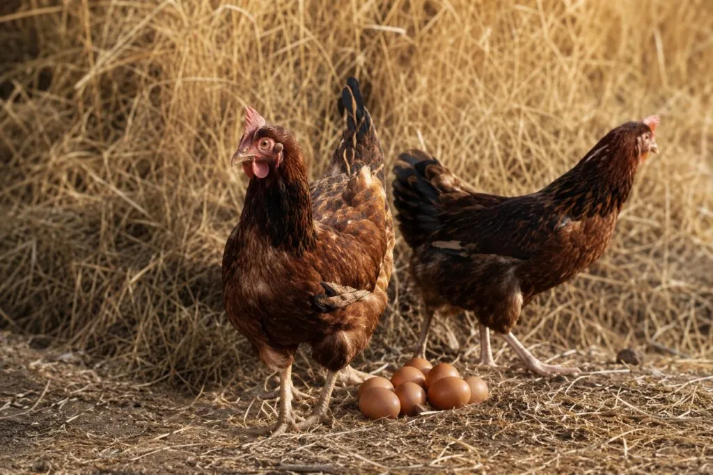 Gallinas en un sistema de producción sostenible relacionado con huevos y medio ambiente.