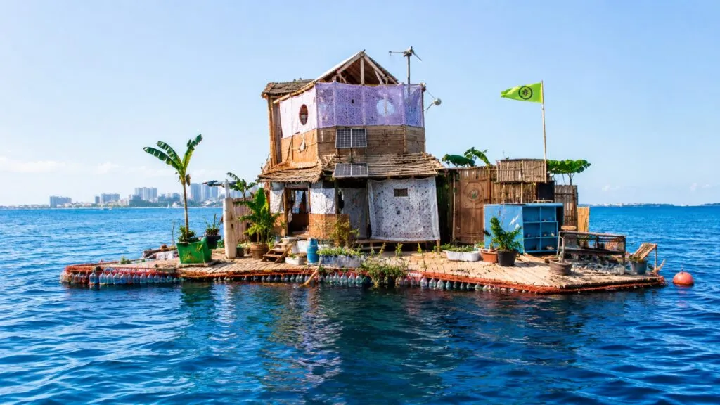 Isla flotante de plástico en México construida con botellas recicladas y energía solar