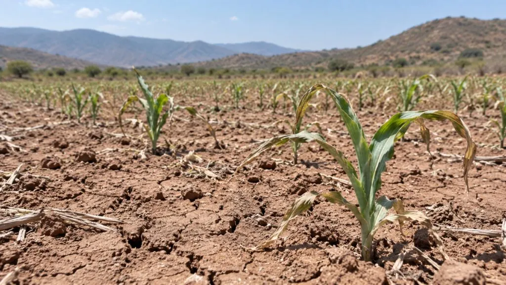 Sequía en Chilpancingo afecta una milpa de maíz y reduce la disponibilidad de agua durante la temporada de lluvias.