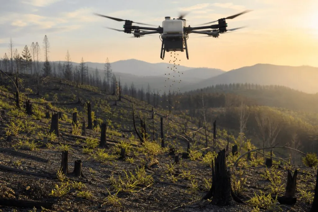 Drones para reforestar bosques distribuyen cápsulas con semillas sobre una zona canadiense afectada por incendios.