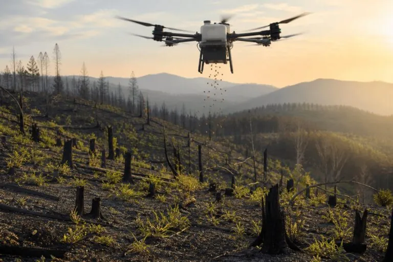 Drones para reforestar bosques distribuyen cápsulas con semillas sobre una zona canadiense afectada por incendios.