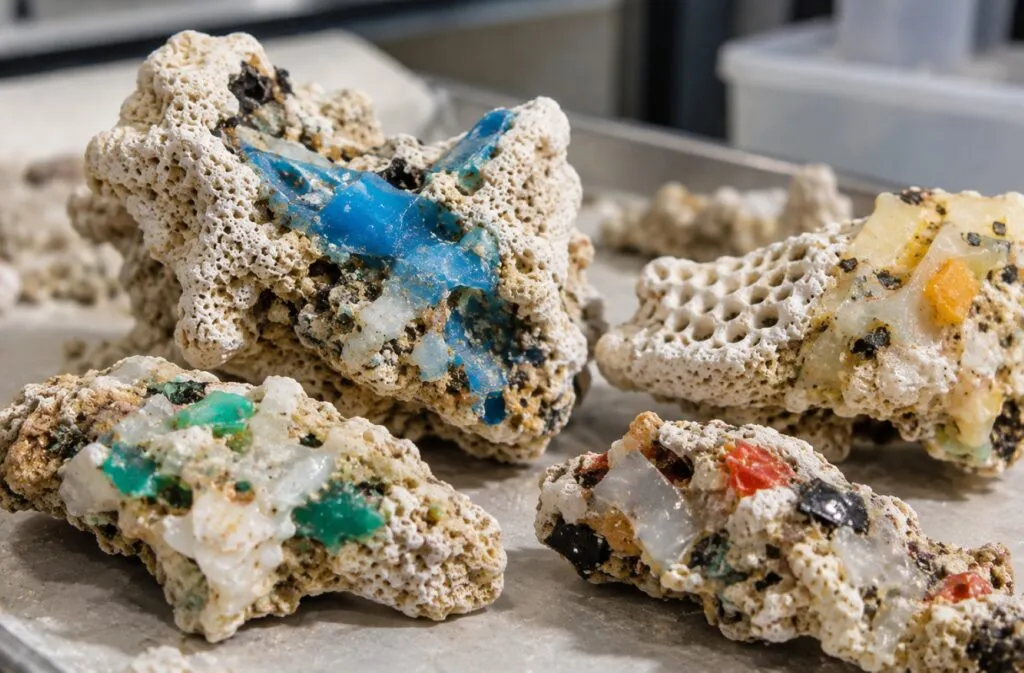 Plasticoral encontrado en Japón, formado por fragmentos de plástico derretido que quedaron integrados en restos de coral.