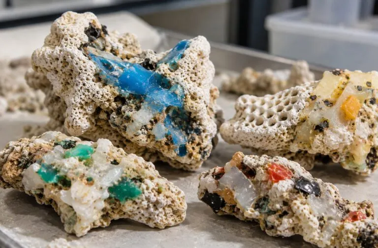Plasticoral encontrado en Japón, formado por fragmentos de plástico derretido que quedaron integrados en restos de coral.