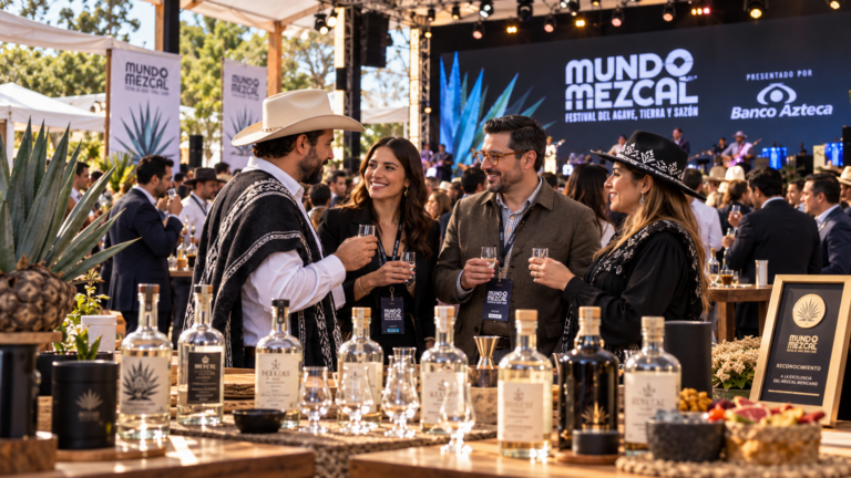 Escena ilustrativa de un festival de mezcal con asistentes conversando, botellas de destilados mexicanos y una exhibición de agave.